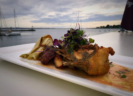 Black Sea Bass - jalapeno battered & fried with roasted potatoes & fennel and a blood orange buerre blanc